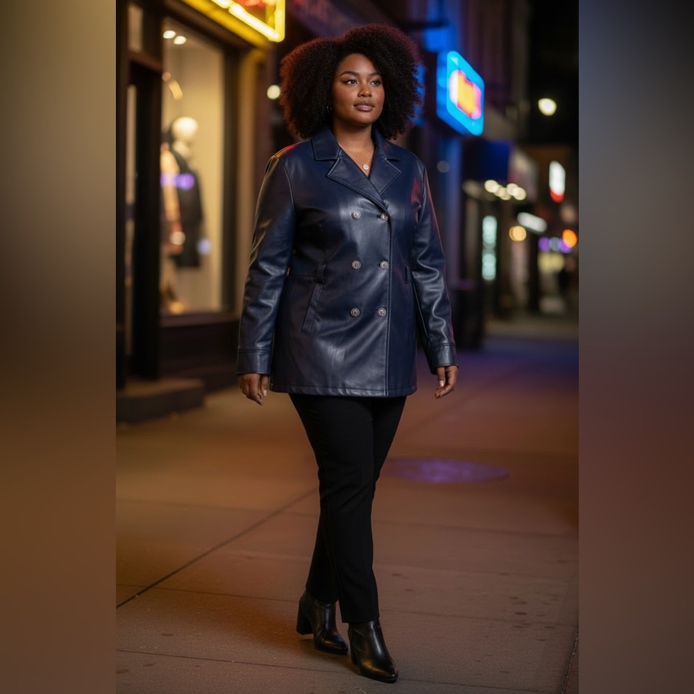 Double-Breasted Faux Leather Jacket in Navy